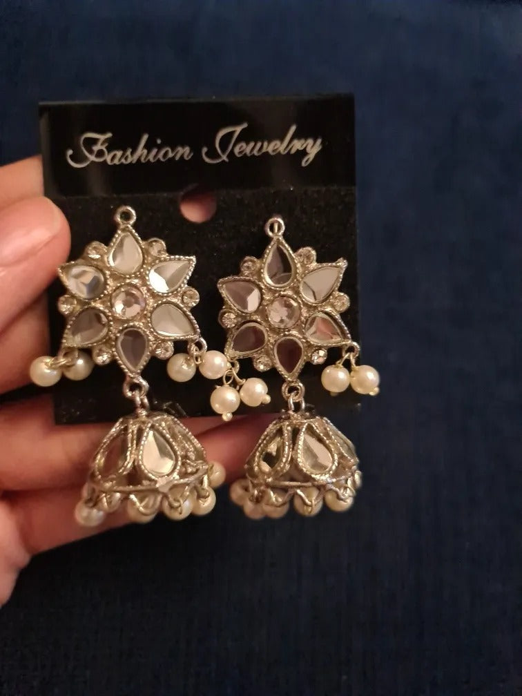 Indian Sheesha kundun Style Earrings with White Pearls For Girls