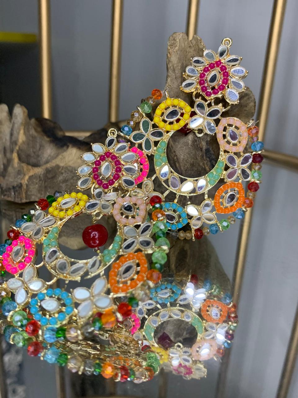Fashionable Multi Color Mirror and Beads Earring