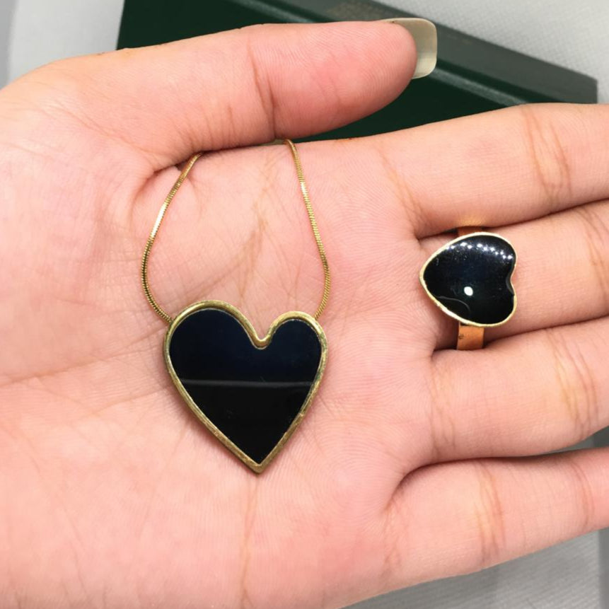 Black Irregular Heart Necklace Stainless Steel Black Enamel Heart Pendant Necklace With Ring