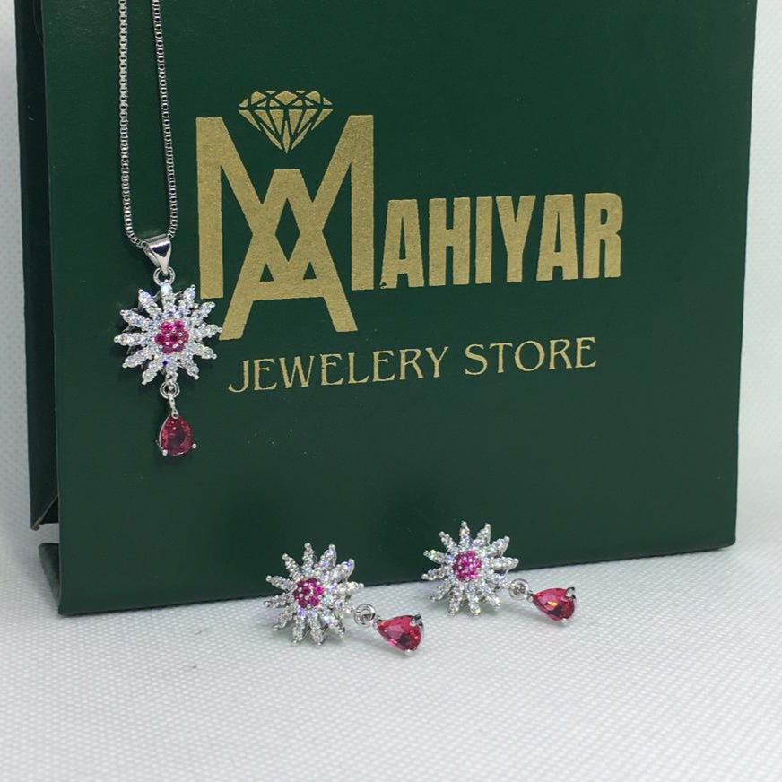Gorgeous Pear Cut Cubic Zirconia Necklace and Earrings Engagement Pink Pendant Jewelry Set for Women