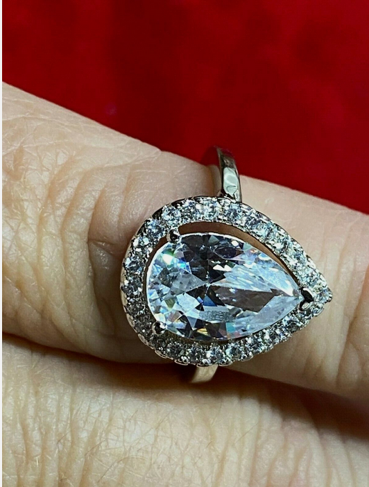 Teardrop CZ Bling Ring Classy Statement Ring Silvertone