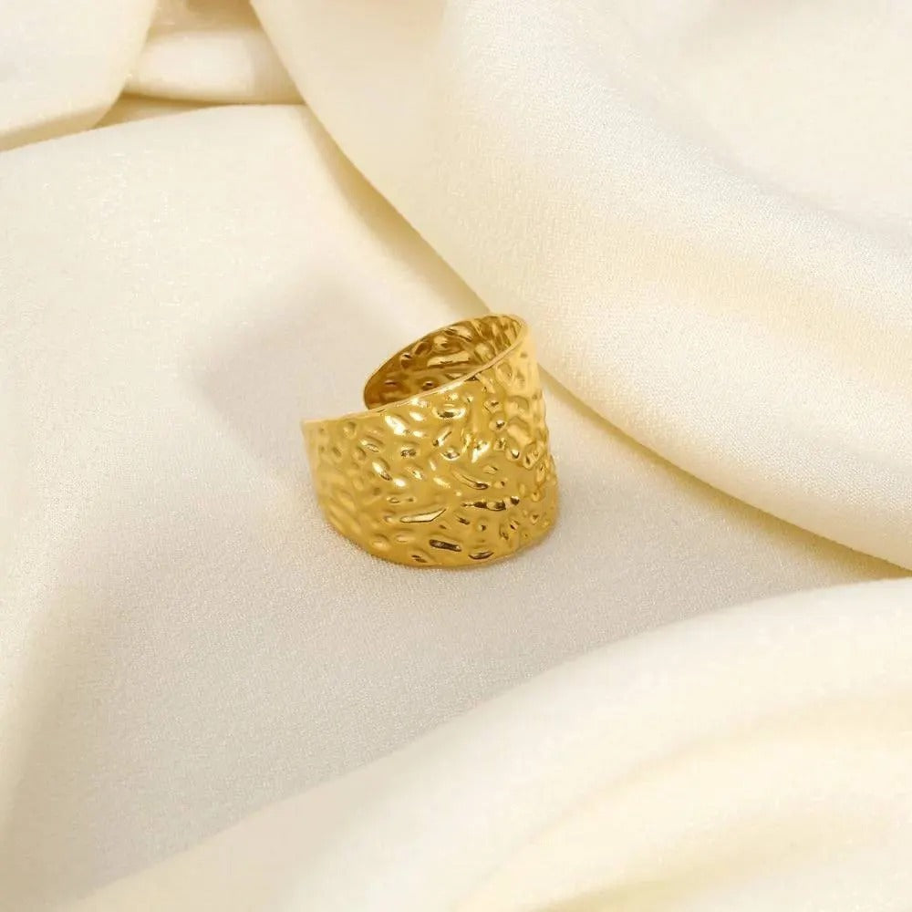 Stainless Steel Open Ring - Creative Concave Personalized Gold Plated Wide Band Fashion Jewelry for Women Men