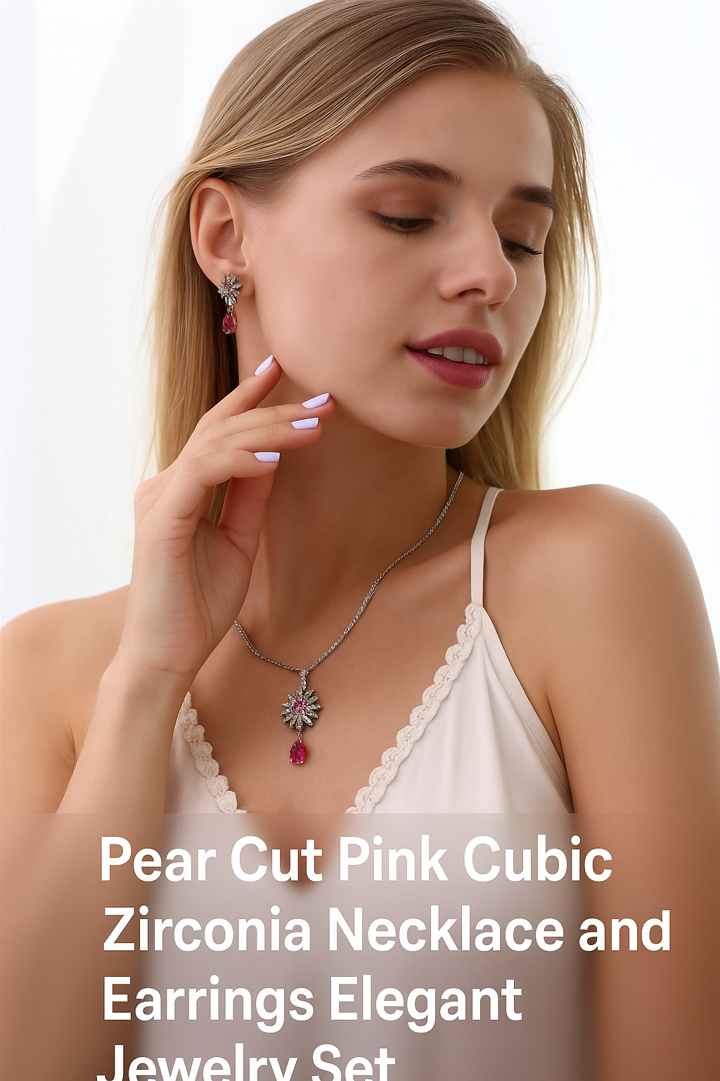 Gorgeous Pear Cut Cubic Zirconia Necklace and Earrings Engagement Pink Pendant Jewelry Set for Women