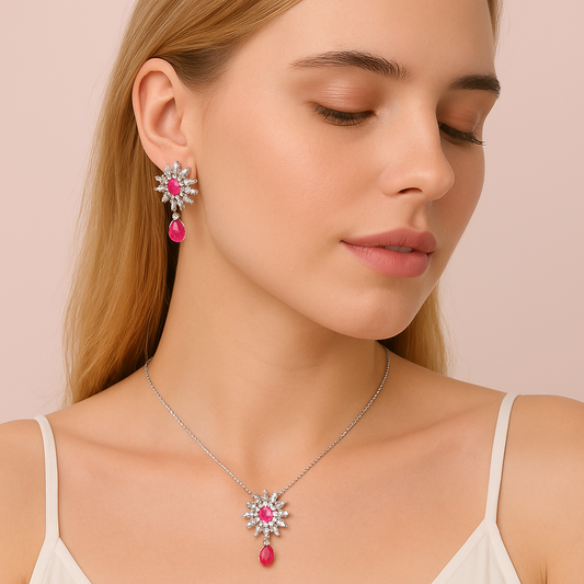 Gorgeous Pear Cut Cubic Zirconia Necklace and Earrings Engagement Pink Pendant Jewelry Set for Women