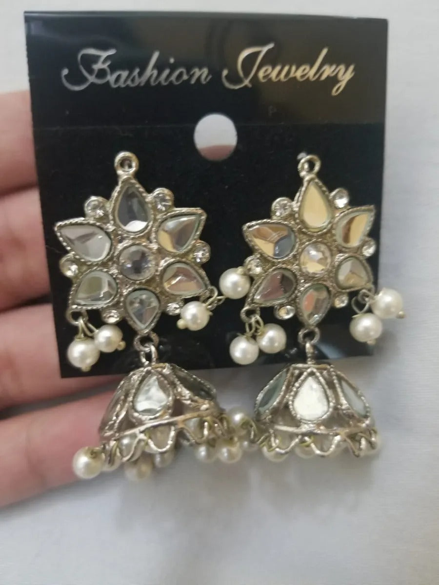 Indian Sheesha kundun Style Earrings with White Pearls For Girls