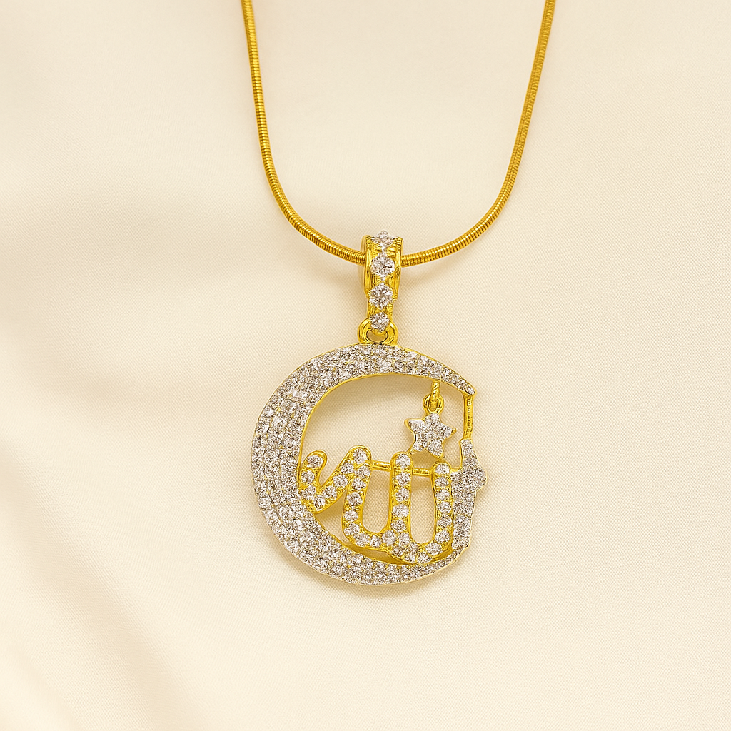 Gold necklace with a crescent moon and star pendant on a beige background
