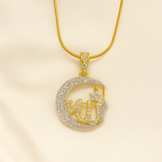 Gold necklace with a crescent moon and star pendant on a beige background