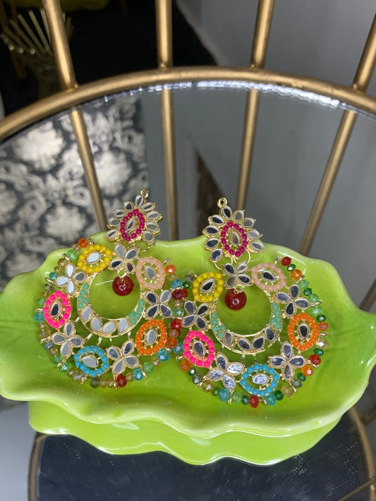 Fashionable Multi Color Mirror and Beads Earring