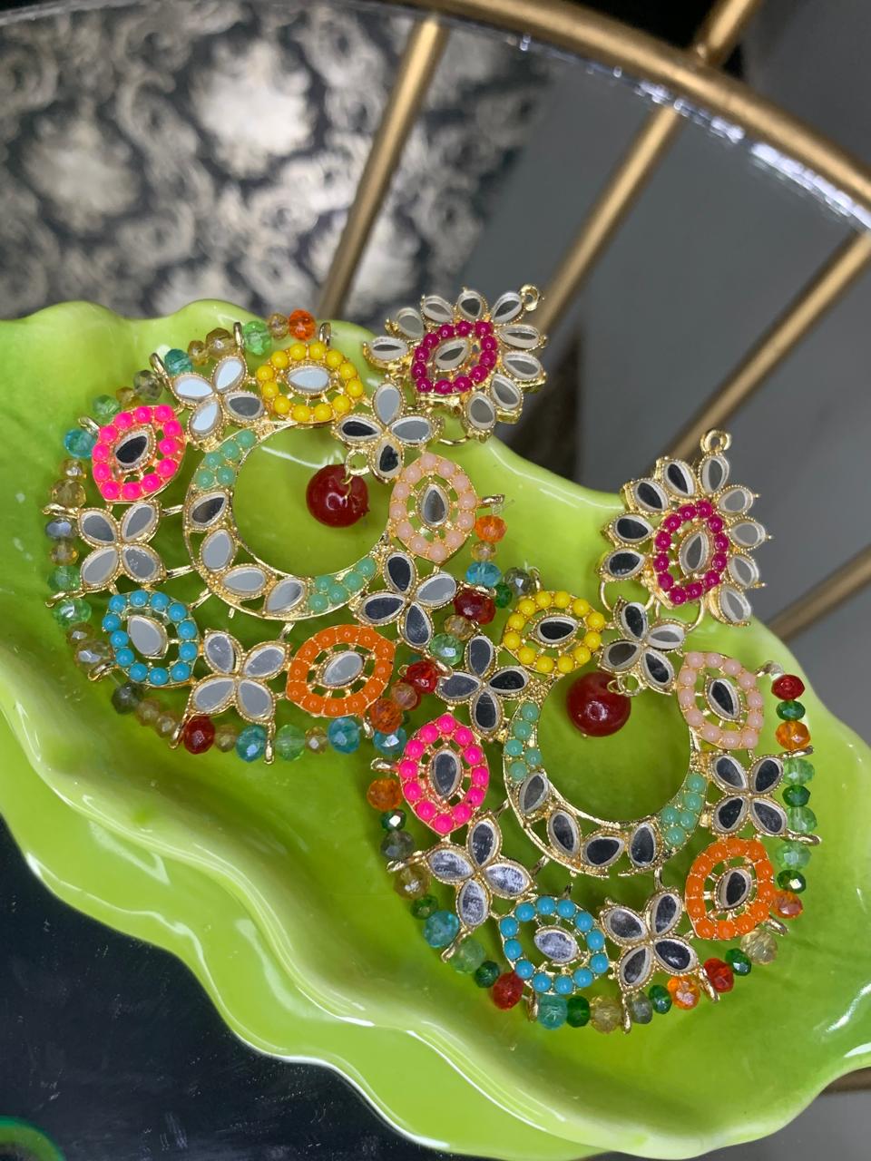 Fashionable Multi Color Mirror and Beads Earring
