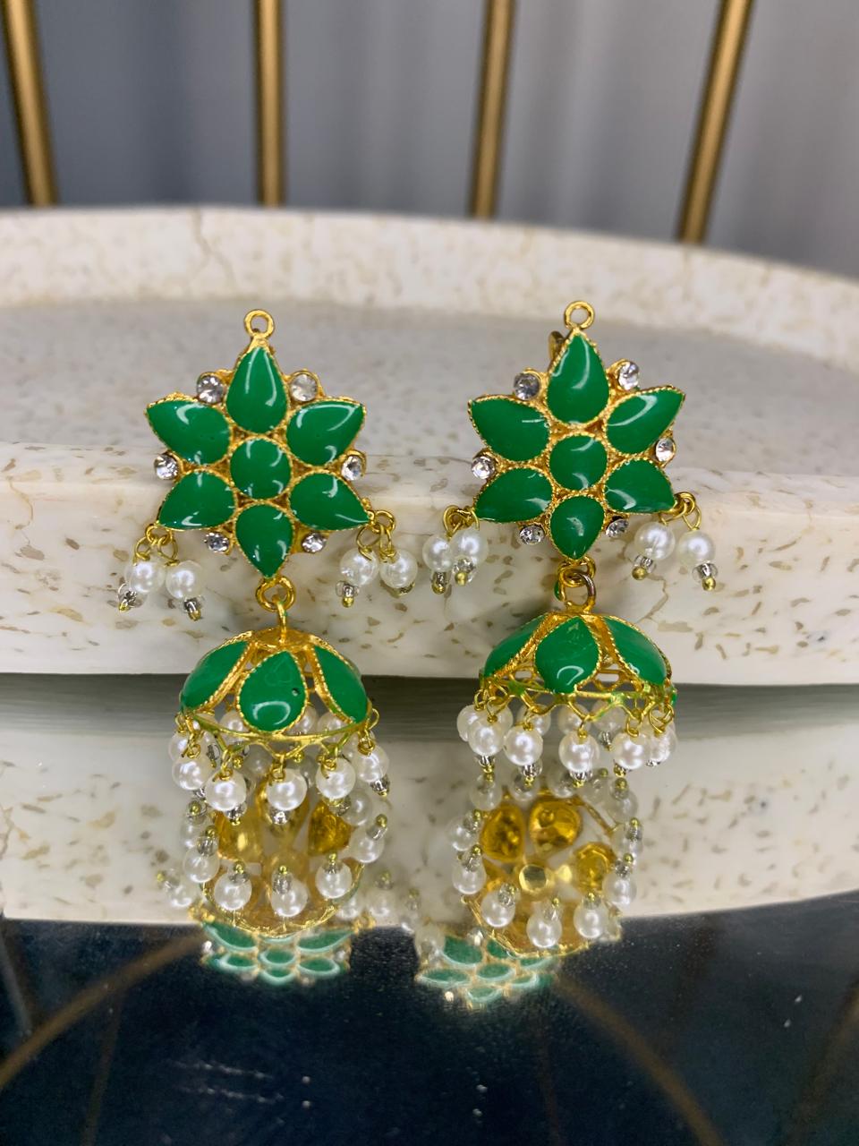 Indian Sheesha kundun Style Earrings with White Pearls For Girls