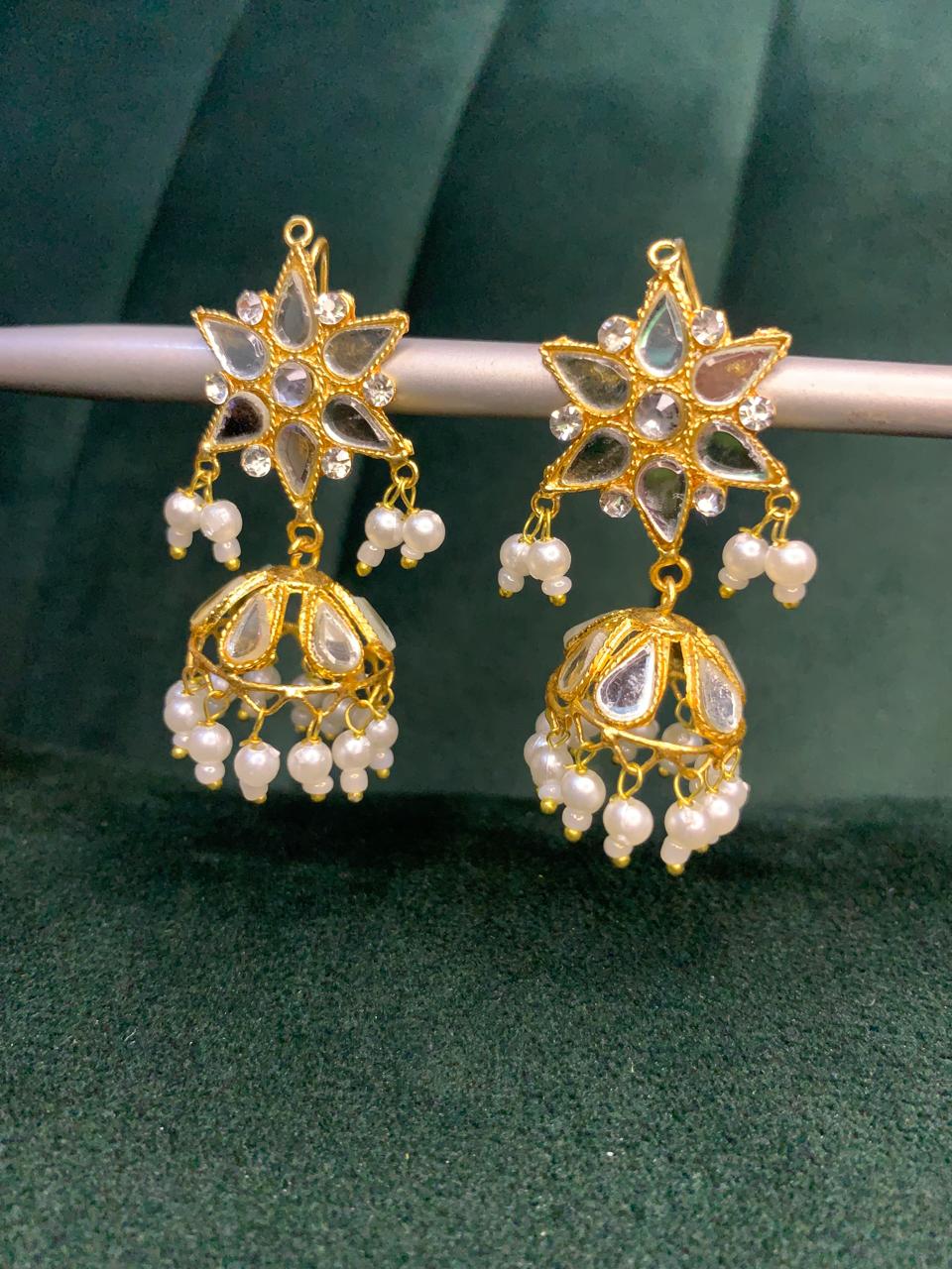 Indian Sheesha kundun Style Earrings with White Pearls For Girls