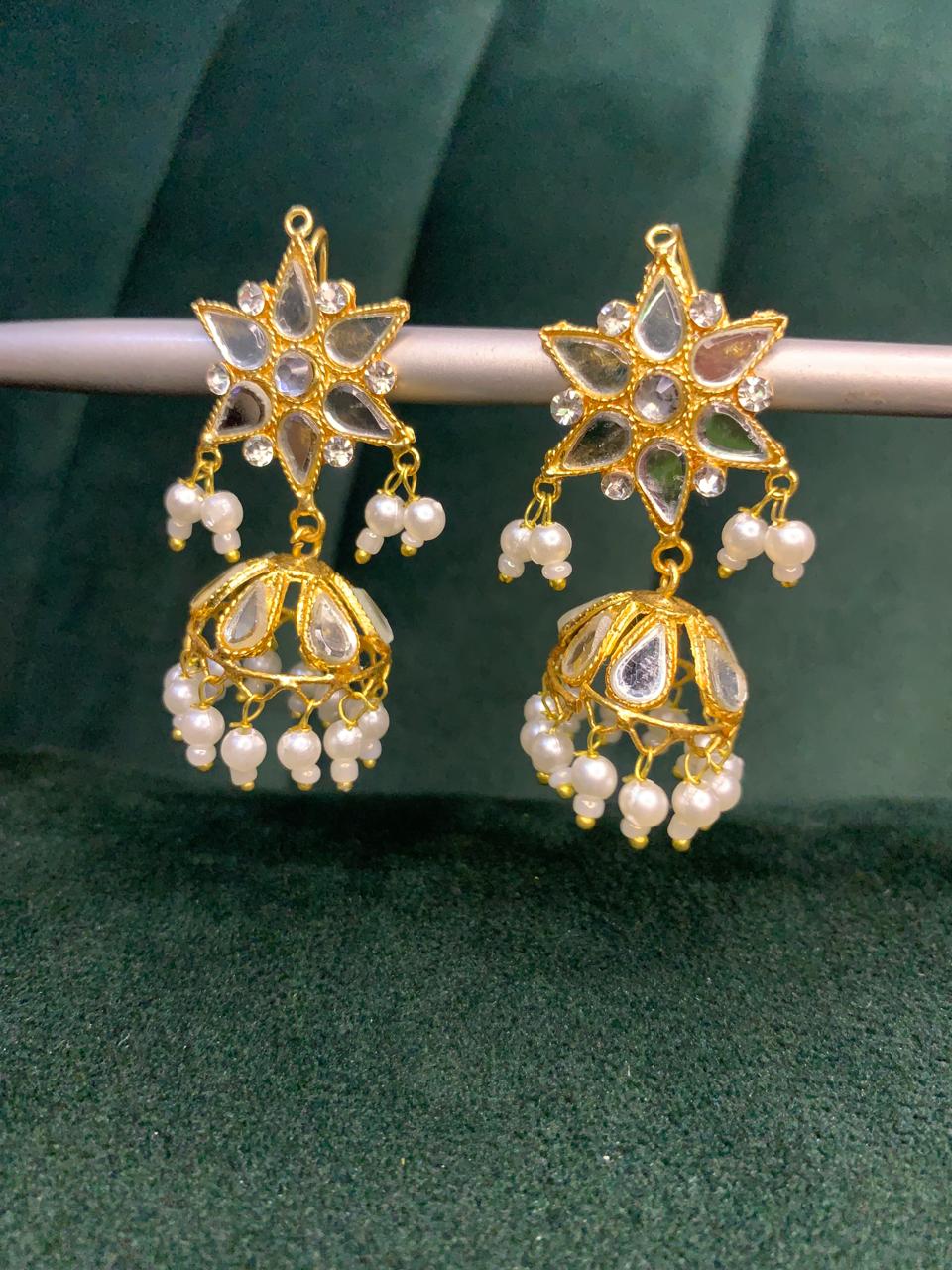Indian Sheesha kundun Style Earrings with White Pearls For Girls