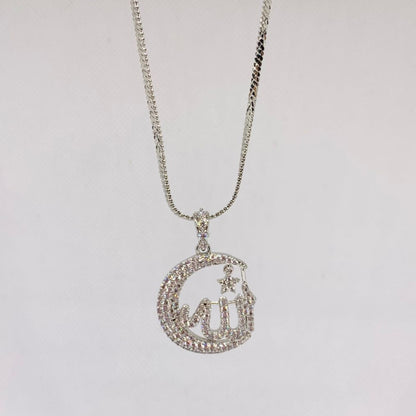 Silver necklace with a circular pendant on a white background
