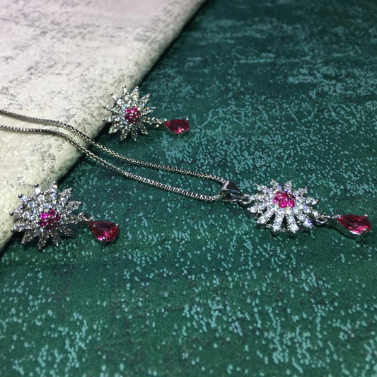 Gorgeous Pear Cut Cubic Zirconia Necklace and Earrings Engagement Pink Pendant Jewelry Set for Women