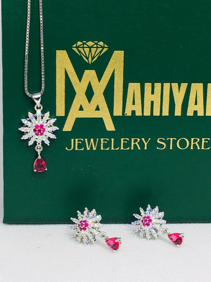 Gorgeous Pear Cut Cubic Zirconia Necklace and Earrings Engagement Pink Pendant Jewelry Set for Women