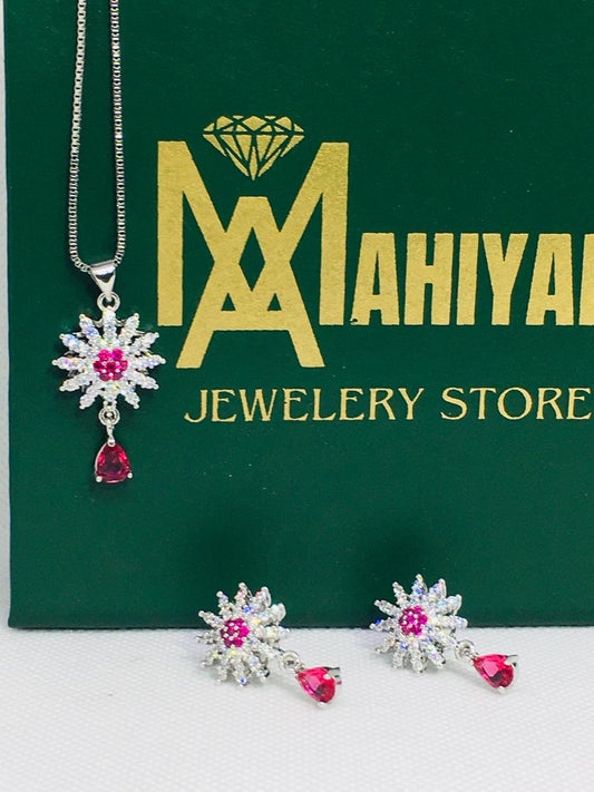 Gorgeous Pear Cut Cubic Zirconia Necklace and Earrings Engagement Pink Pendant Jewelry Set for Women