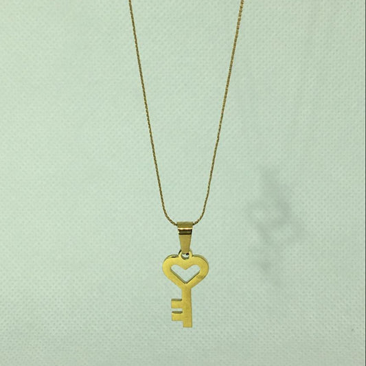 Gold Heart Key with Love Text Necklace Pendant