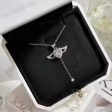 Crystal Angel Wings Heart Pendant Necklaces Ladies Girl Simple