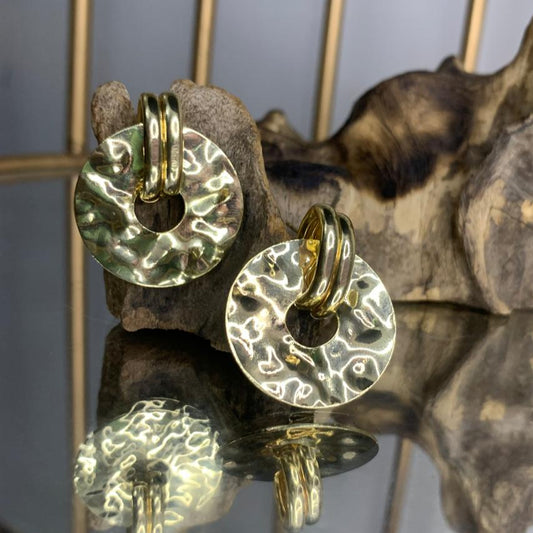 Stainless Steel Gold Hammered Round Disc Stud Earrings With Hole