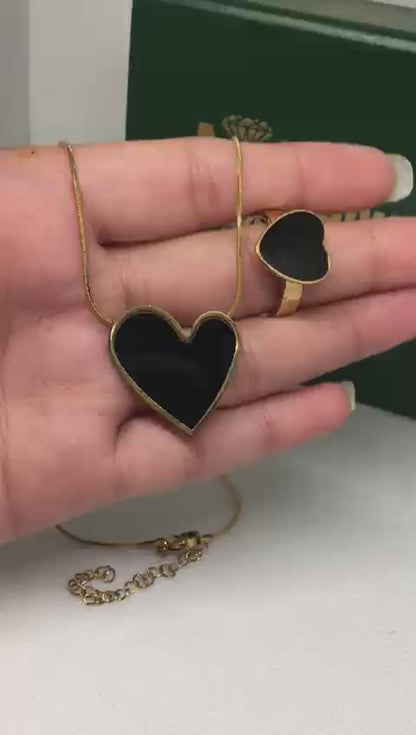 Black Irregular Heart Necklace Stainless Steel Black Enamel Heart Pendant Necklace With Ring