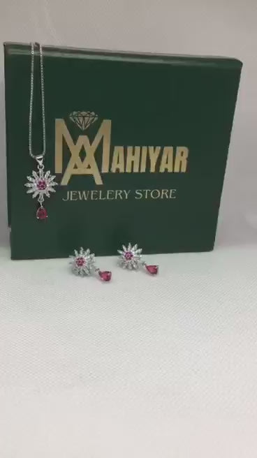 Gorgeous Pear Cut Cubic Zirconia Necklace and Earrings Engagement Pink Pendant Jewelry Set for Women