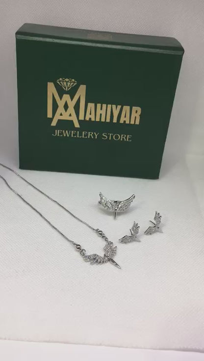 Micro-embellished Angel Wings Stainless Steel Earrings Ring Necklace Set