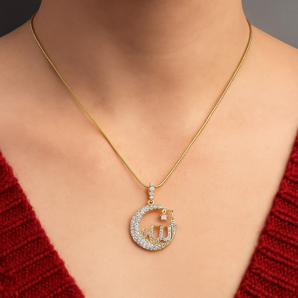Allah Pendant – Zirconia Studded Gold Plated Islamic Calligraphy Necklace for Men & Women